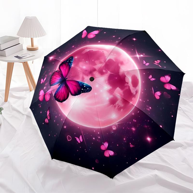 1pc Moon Butterflies Automatic Open/Close Umbrella with Folding feature Compact Travel Umbrella, Lightweight design, for Commuting076