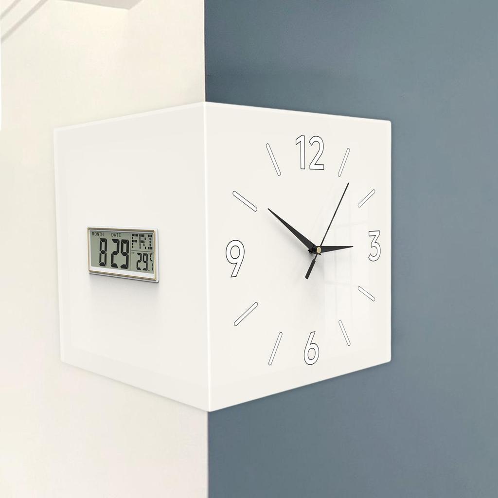 Corner Wall Clock Modern, Temperature Display, Month Date Week Display, Decorative Clock for Living Room Dining Room Home Decor