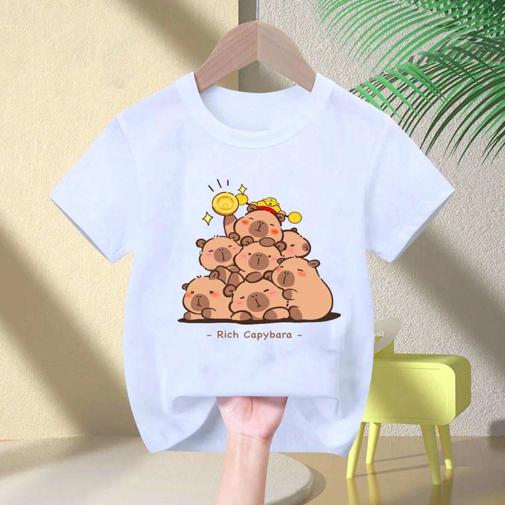 Cute Capybara Loves Bubble Tea Print Kids TShirt Summer Childrens Cartoon Shortsleeved Casual Tops Boys and Girls Clothing
