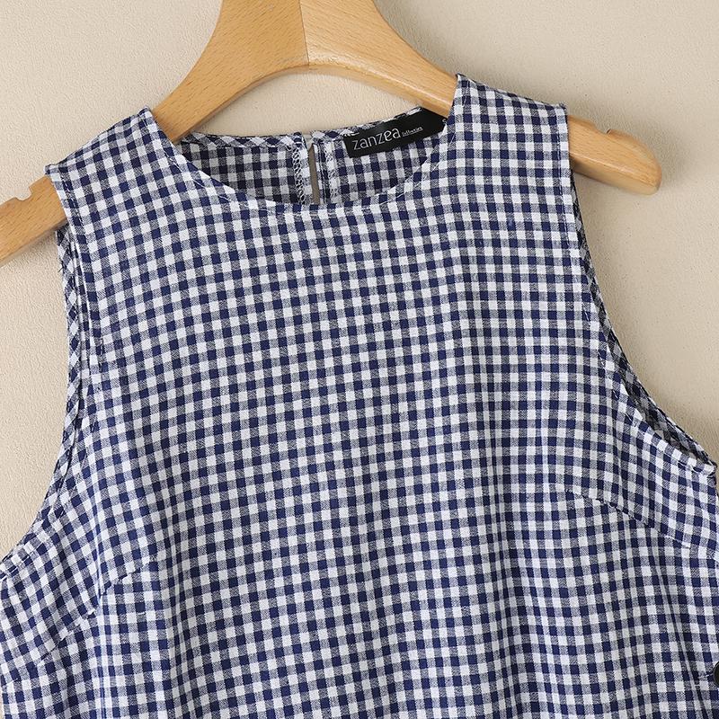 ZANZEA Women Summer Plaid Print Casual Round Neck Side Slit Sleeveless Long Tank Tops