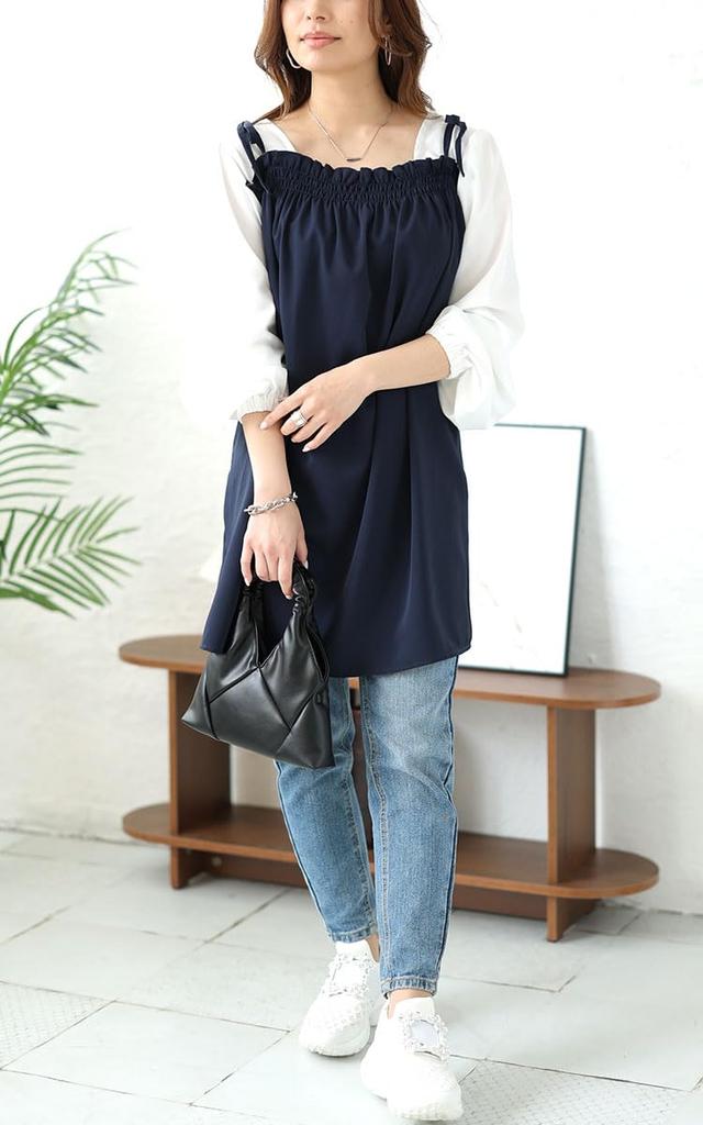 [Gold Japan] Plus Size Women's Tunic, Long Sleeve, Camisole, Voluminous Sleeves, Spring Outfit, Summer, Autumn, Maru-30180, 5L, Navy