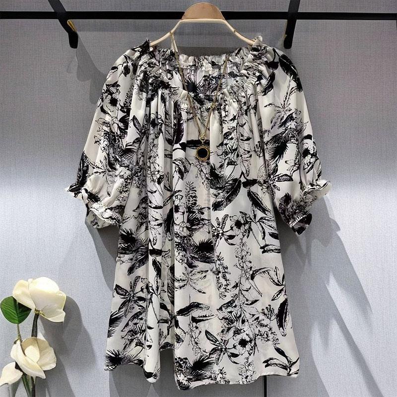 

Стильная винтажная блузка с народным принтом, летняя повседневная, с вырезом лодочкой, сборками, женская одежда, полурукав, свободная, с оборками, комбинированная рубашка XXXL бежевый