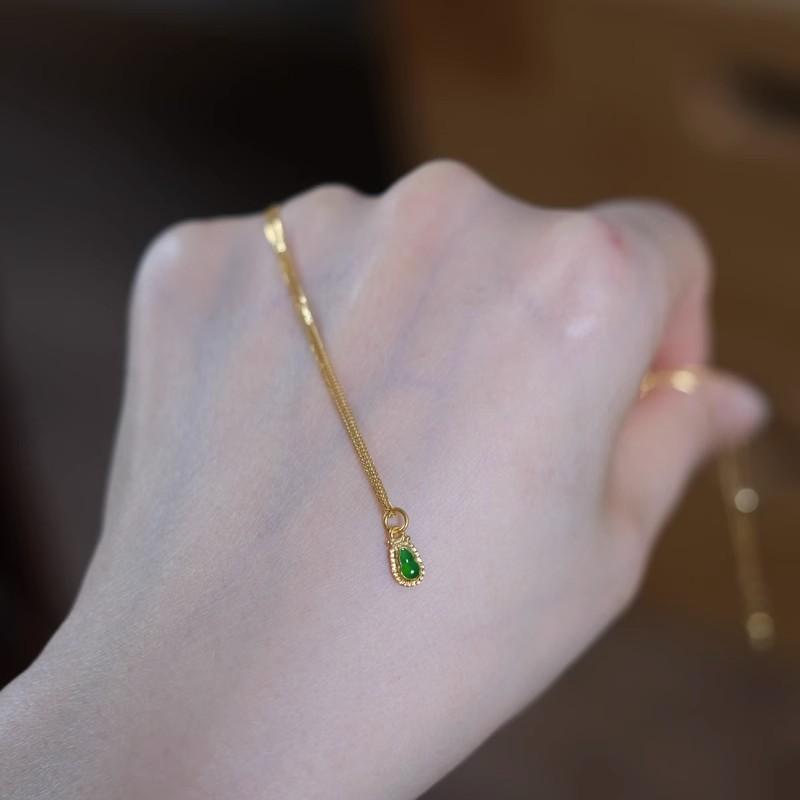 Exquisite Inlaid Green Jade Zircon Small Pendant Gourd Water Drop Mini Fashionable All Match Jewelry