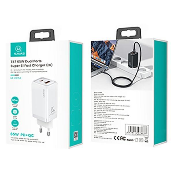 Usams Ład. Siec. 1Xusb-C+1Xusb T47 65W(Only Head) Pd Fast Charging Super Si Biały/White Cc153Tc02  (Us-Cc153)