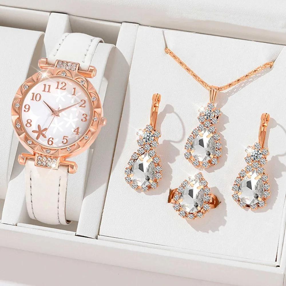 Rhinestones Watch Jewelry Set Heart Shape with Leather Strap Watch Bracelet Set Starfish Dial Digital Scale Quartz Wristwatch
