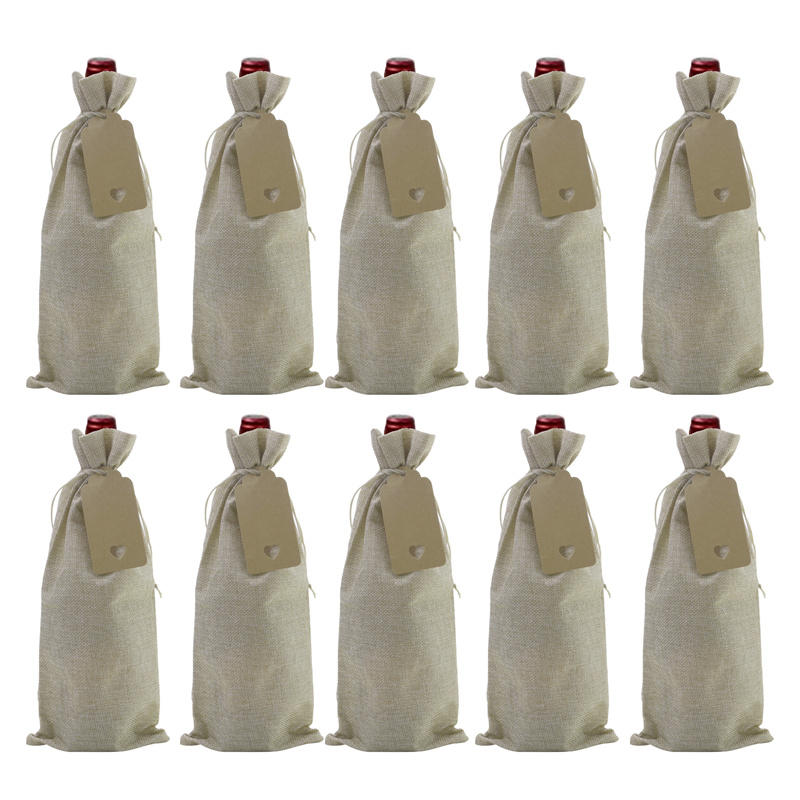 10 Pieces Burlap Wine Bags Jute Wine Bottle Bags with Drawstrings Reusable Gift Bags with Tags for Party Blind Tasting Birthday