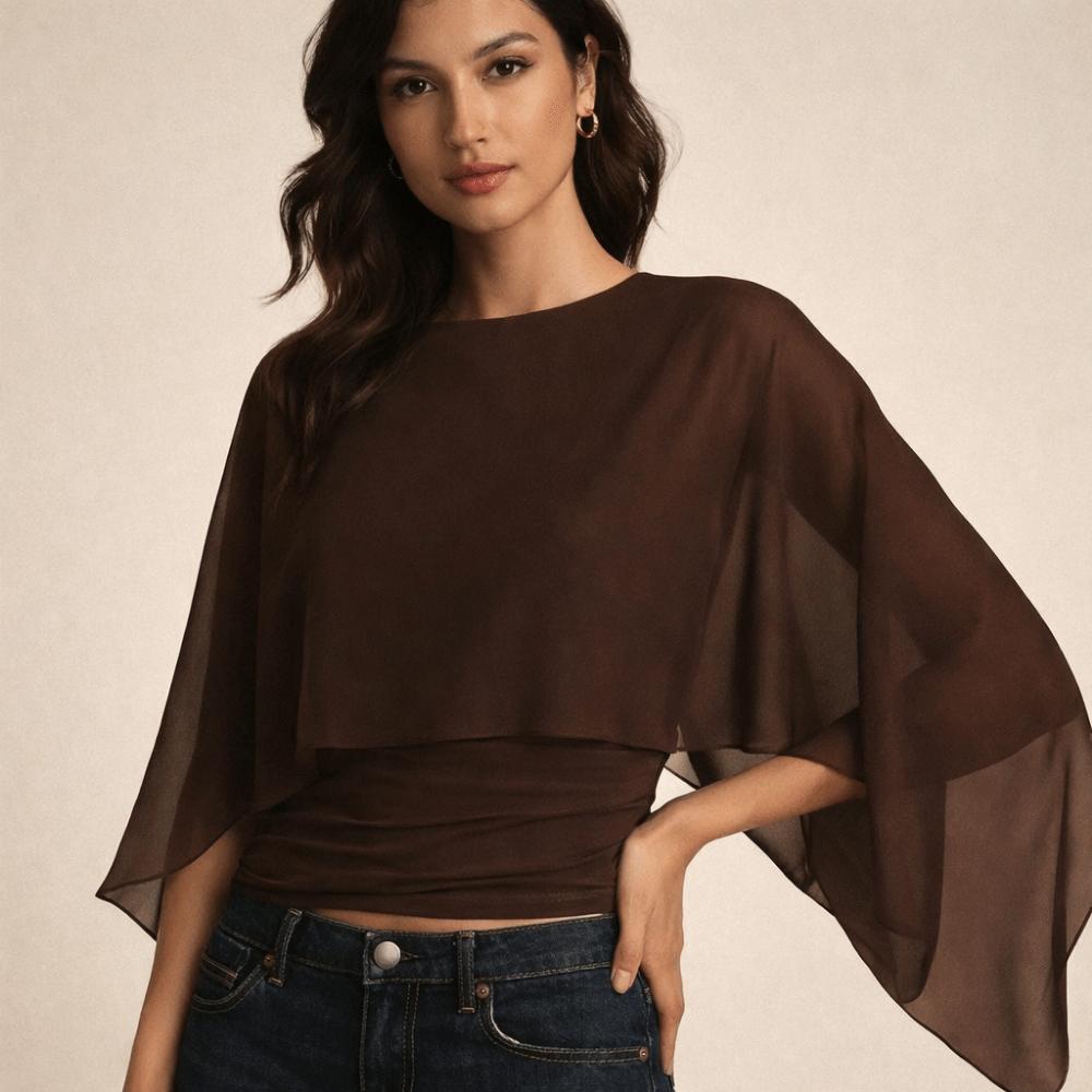 Ruched Waist Cape Sleeve Top Round Neck False Two-Piece Tops Batwing Sleeve Top Summer Wear