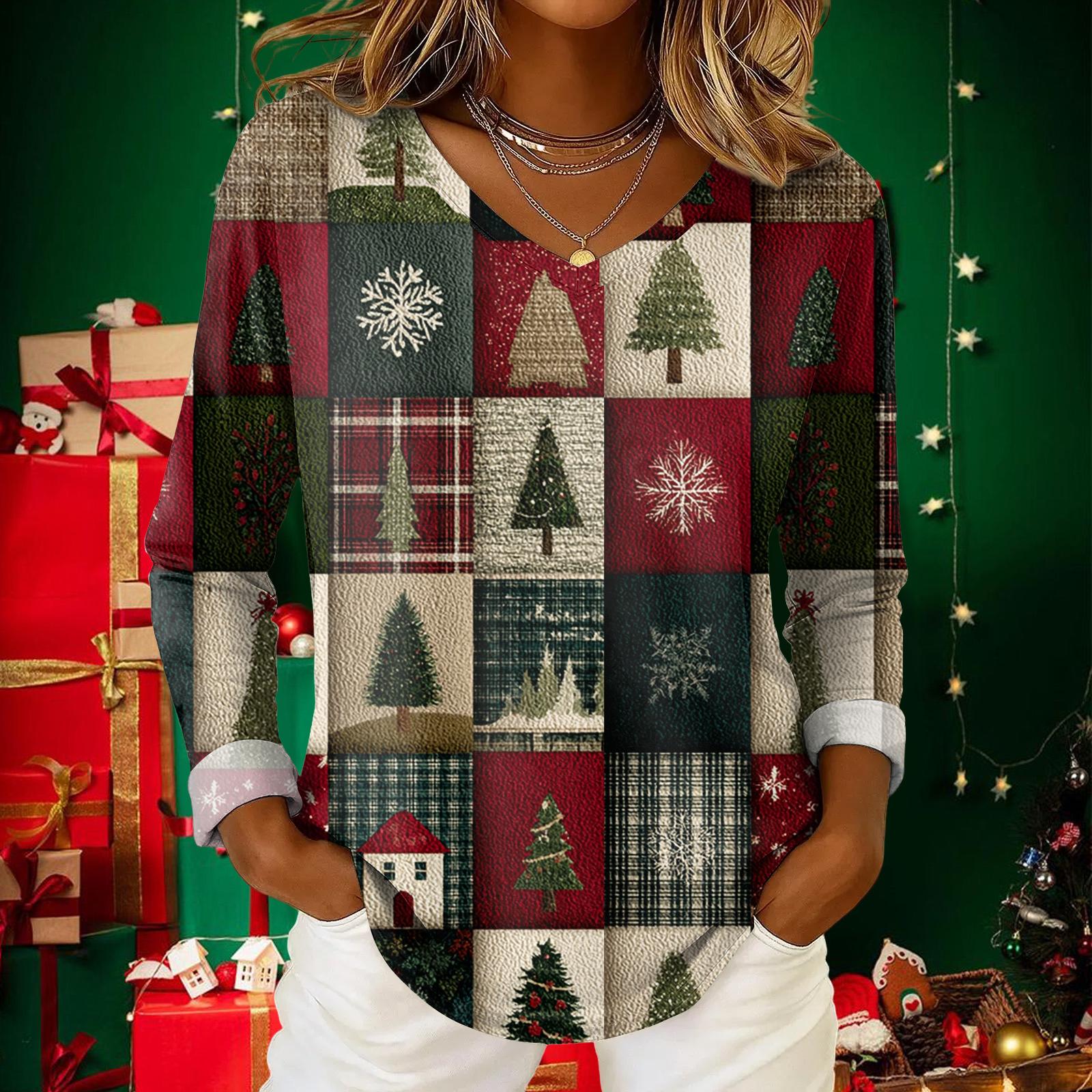 

Женский повседневный топ с V-образным вырезом и длинными рукавами с рождественским принтом M киноварь