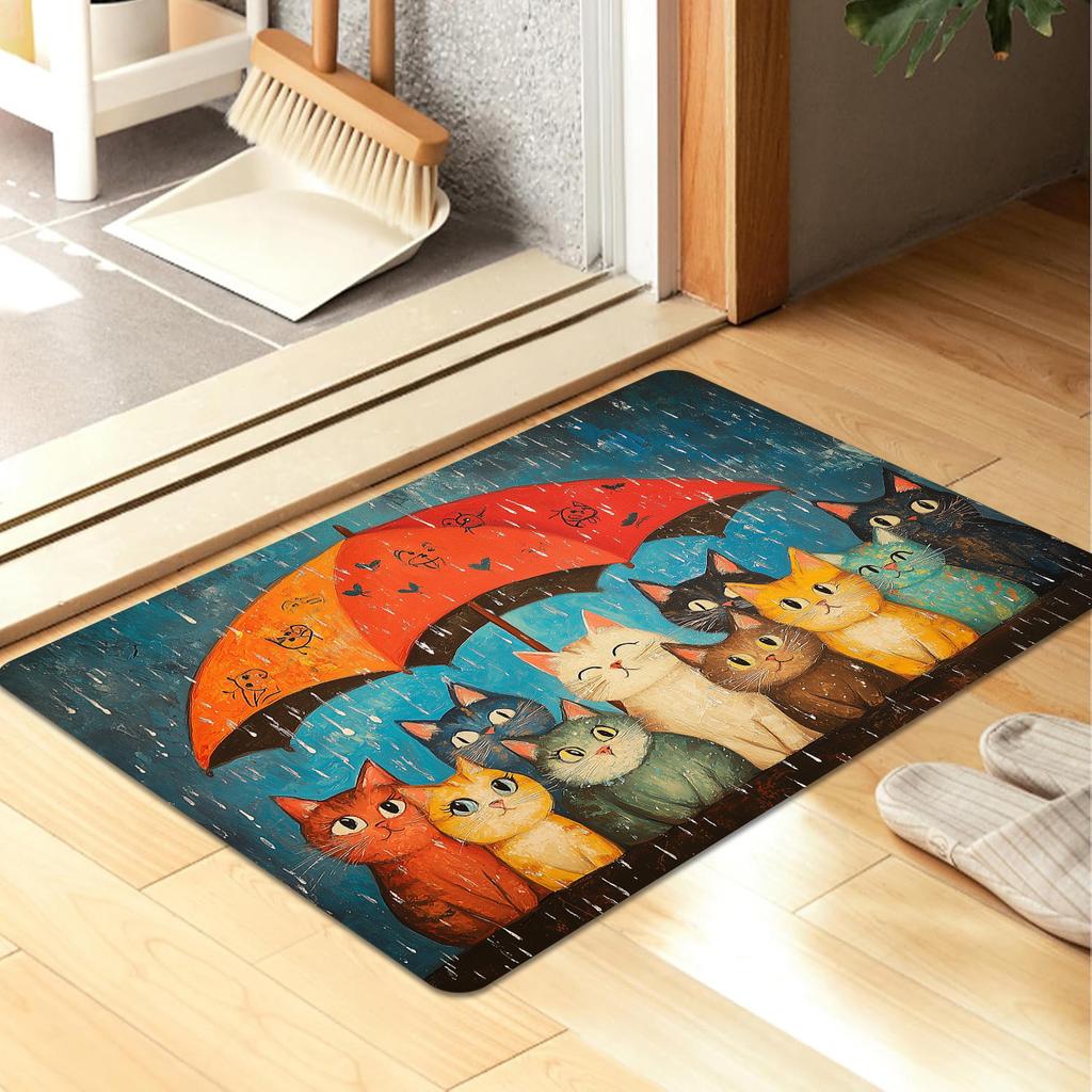 Tappeto Antiscivolo Decorativo Lavabile con Gatto Colorato e Ombrello per Ingresso Camera da Letto Bagno Sala da Pranzo