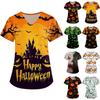 Women's Halloween Print Loose Fit V Neck Short Sleeve Nurse Scrub Top with Pockets Casual Medical Uniform Shirt