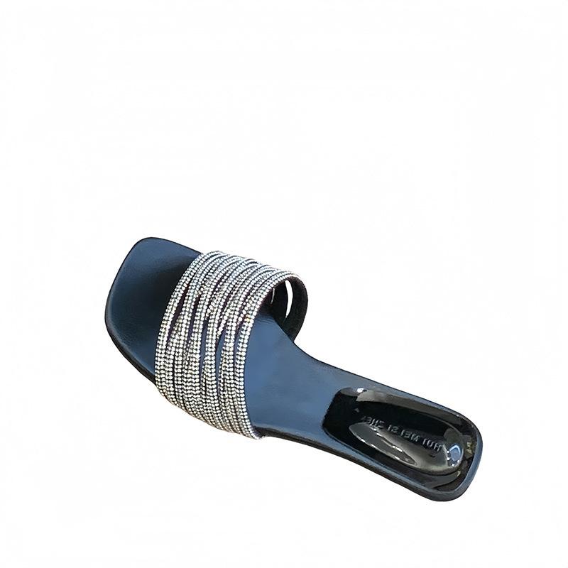 Light luxury thick heel silver rhinestone temperament small cool slippers fairy shoes wear 2025 new summer open-toed sandals