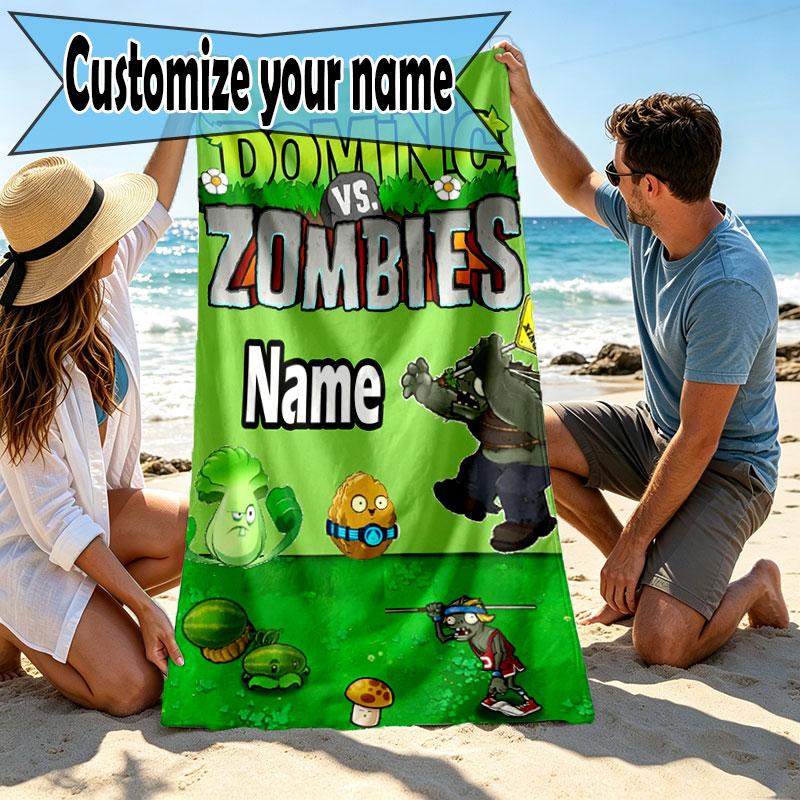 Custom Name Personalized Plants vs. Zombies Print Beach Towel, for Trip Camping Beach Party Home Decor, Birthday Gift for Family & Friends