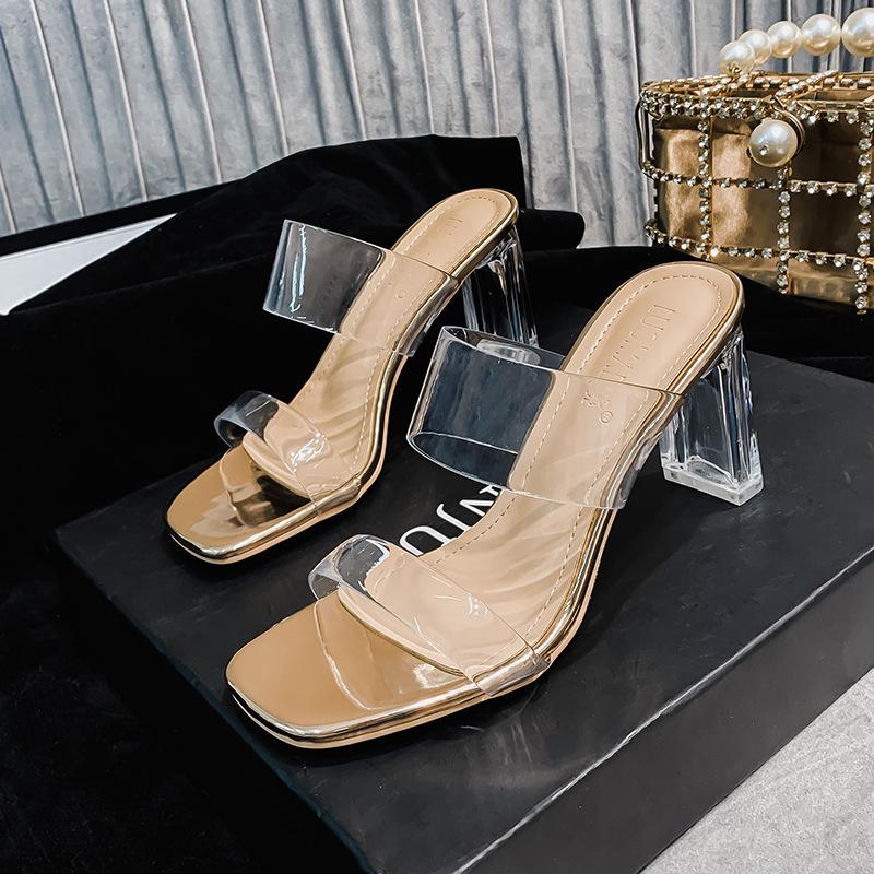 

Fashion transparent high heels sandals women clear band slippers sexy ladies colorful bottom transparent flip flops 2025 pantuflas mujer 38 золотой
