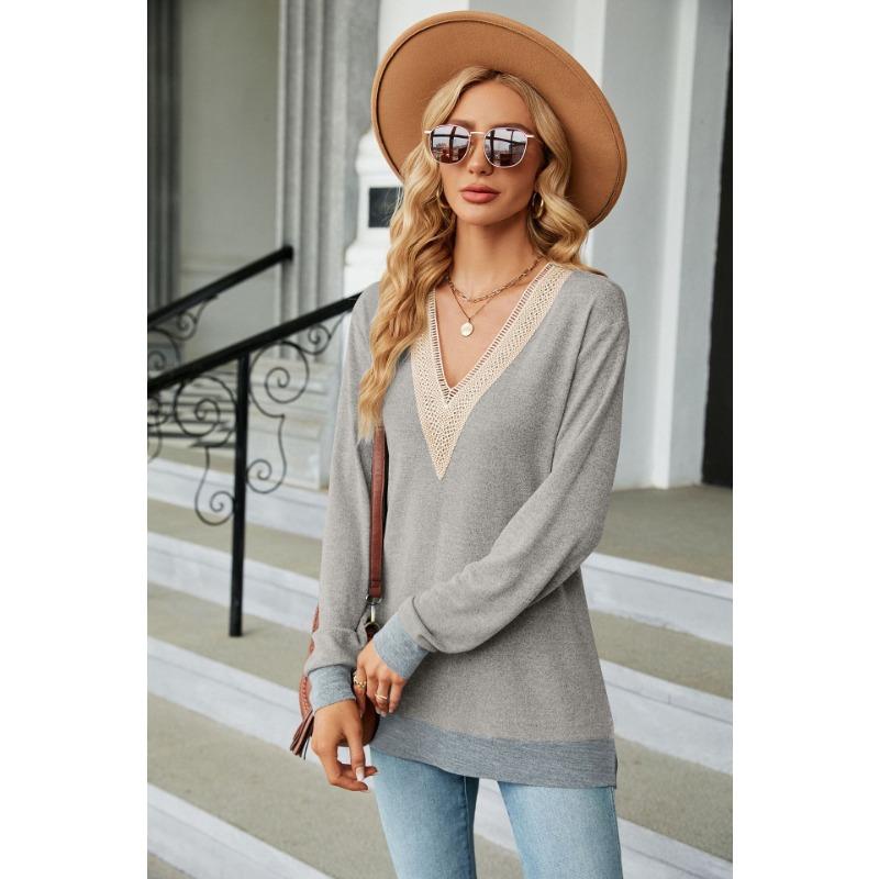 Autumn and Winter Lace V-neck Contrasting Contrasting Slit Loose Long-sleeved T-shirt Tops for Women