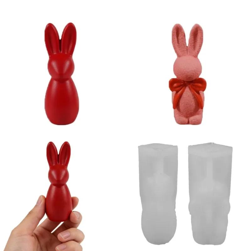 3D Rabbit Candle Silicone Mold Resin DIY Easter Bowknot Texture Cute Home Decorations Simple Design for Crafting