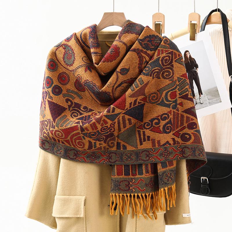 Ethnic Style 2026 Women's Cashmere Feel Scarf Shawl – Warm Travel Outerwear for Autumn & Winter