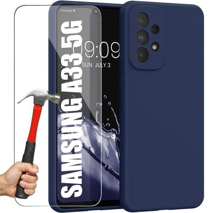 Coque de téléphone - Samsung - A33 5G - Protection silicone antichoc - 2 verres trempés - Bleu marine