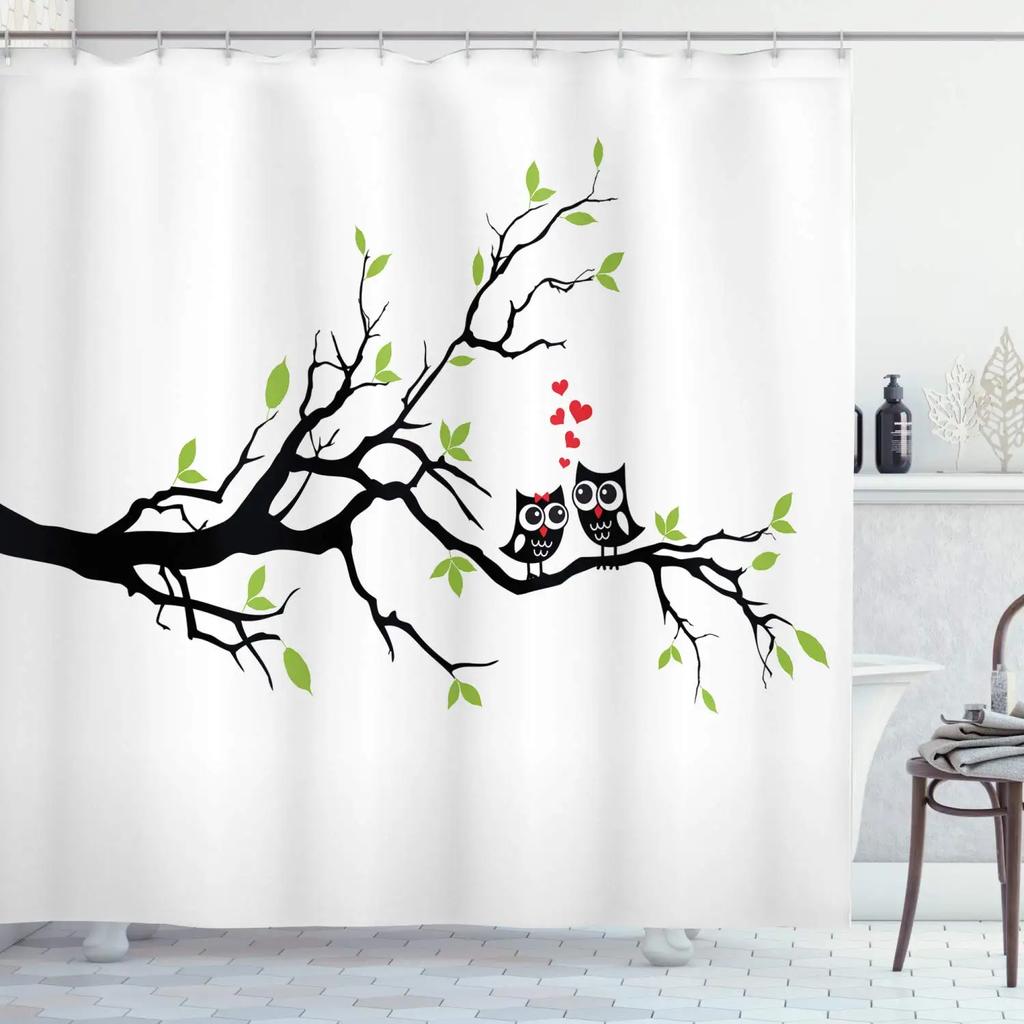 Rideau de douche Hibou Lunaire Forêt Enchantée Oiseau Fleur Papillon Fantaisie Fée Arbre Lanternes Ciel Nocturne Décoration Salle de Bain Ensembles