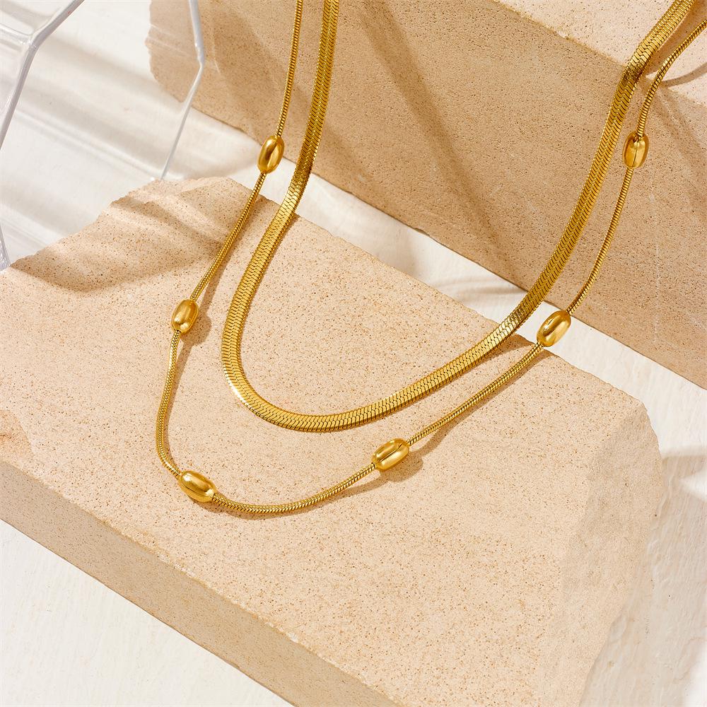 Double Layer Rice Bead Titanium Steel Necklace - Women s Summer Clavicle Chain