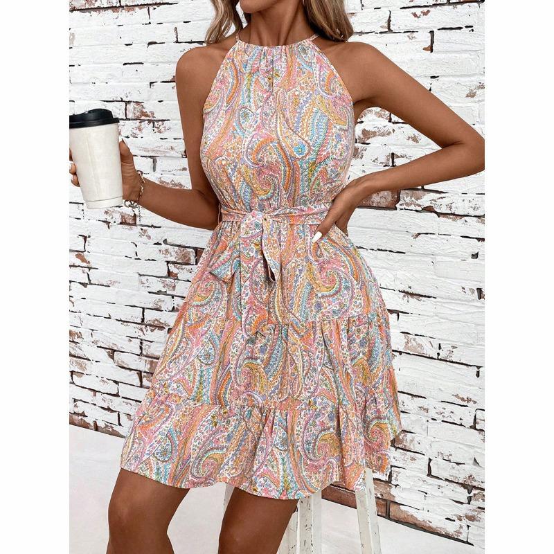 Women's Spring/summer Dress Lace Up Print Halter Mid-length Dress