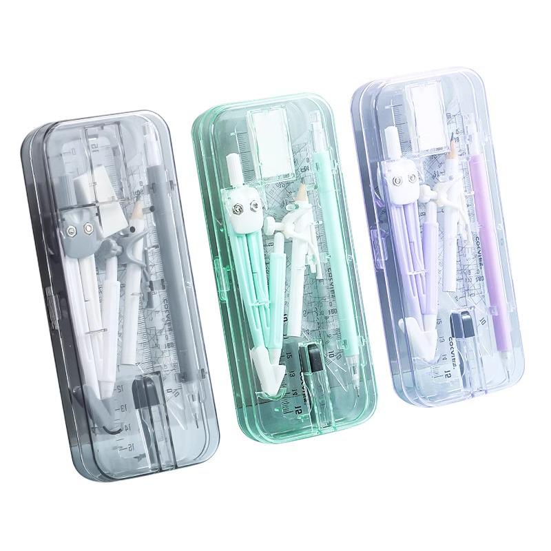 Dual-Use Compass Ruler Set with Pen Holder & Case for Primary Students - Portable Exam Stationery