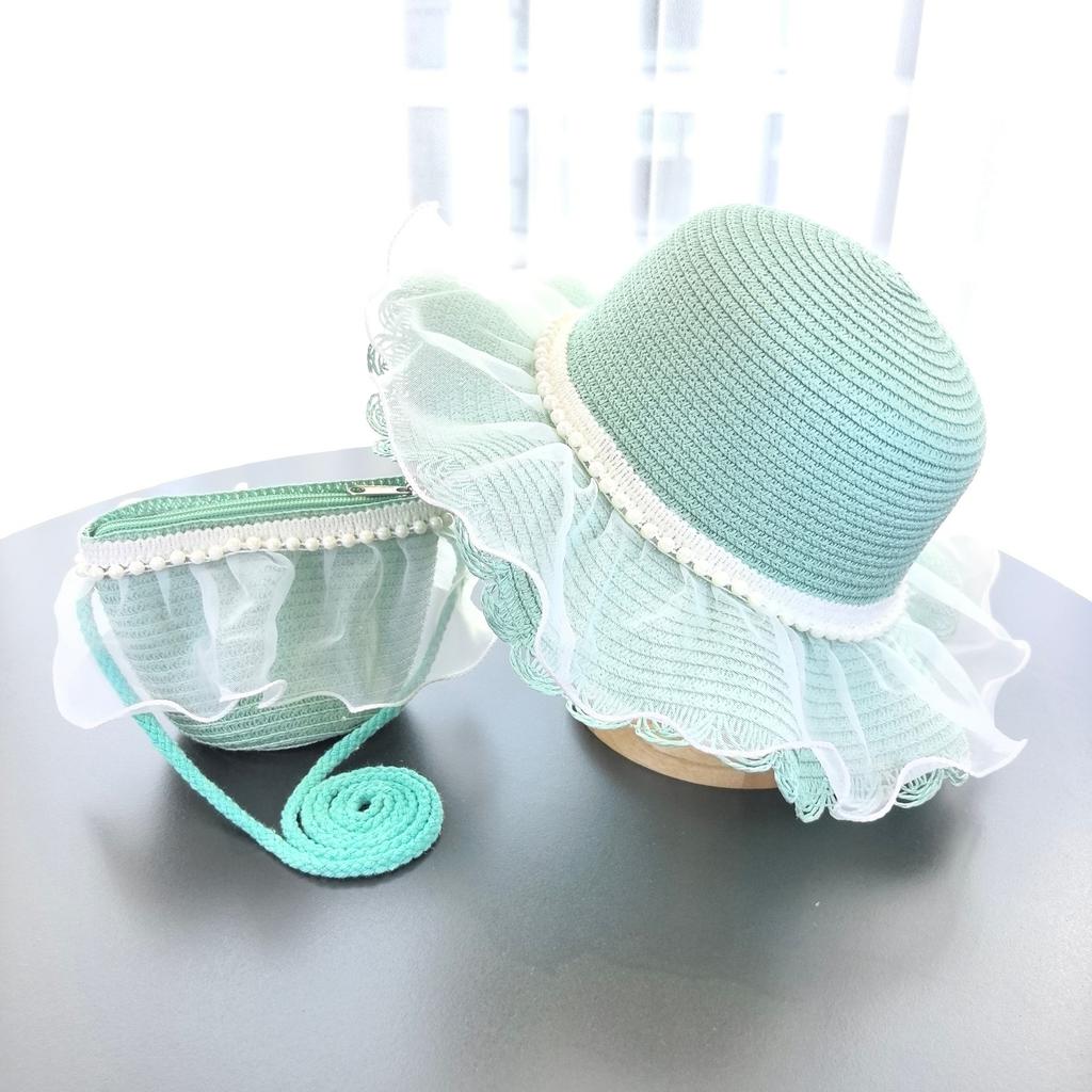 2Pcs Summer Children Beach Hats Crossbody Bag Set Lace Sun Wide Brim Straw Hat Sunshade Fisherman Hat Hat And Shoulder Bag