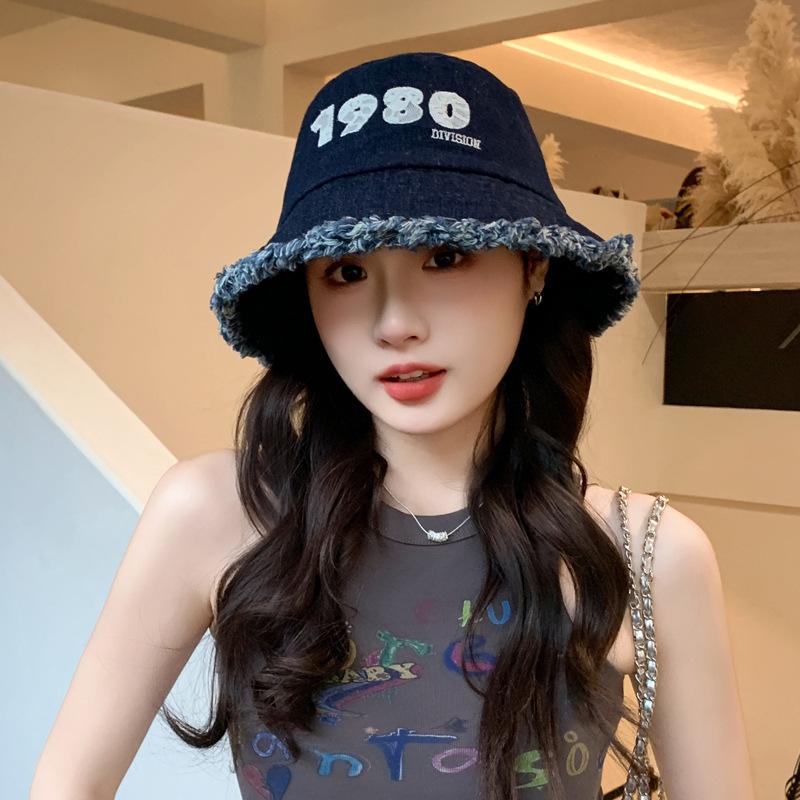 Hat women's new bucket hat denim sun hat face cover versatile letter fashion sunscreen hat