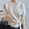 Frühherbst-Fliege, V-Ausschnitt, gestrickt, für Damen, kurze Strickjacke mit hoher Taille, Mantel, Overlay-Top mit Design-Sinn