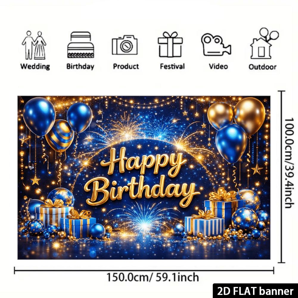 2D Flat Banner - Adult Golden Glitter Birthday Background Fabric - Golden "Happy Birthday" words shine on a dark blue background