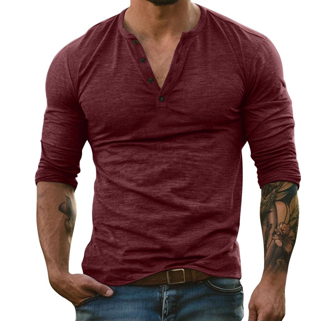 Men's Solid Color Long Sleeve Button Collar Long Sleeve T-Shirt Men's Casual Fashion Top