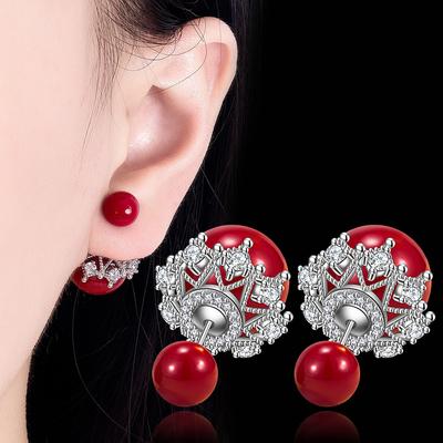 Size Double-sided Pearl Hollow Zircon Red Lace Stud Earrings Female