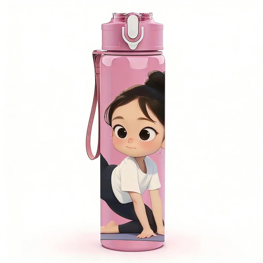 1PC Little Girl Stretch Yoga Pose Print 750ml Color Plastic Sports Water Bottle Leakproof Flip Straw Lid Suitable for Sports Office Home Use