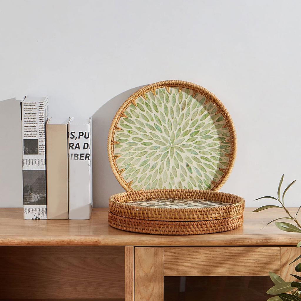 Round Rattan Tray Rattan Tray Green Small Leaves Wooden Base Decorative Wicker Basket For Table Decoration Fruit Tray