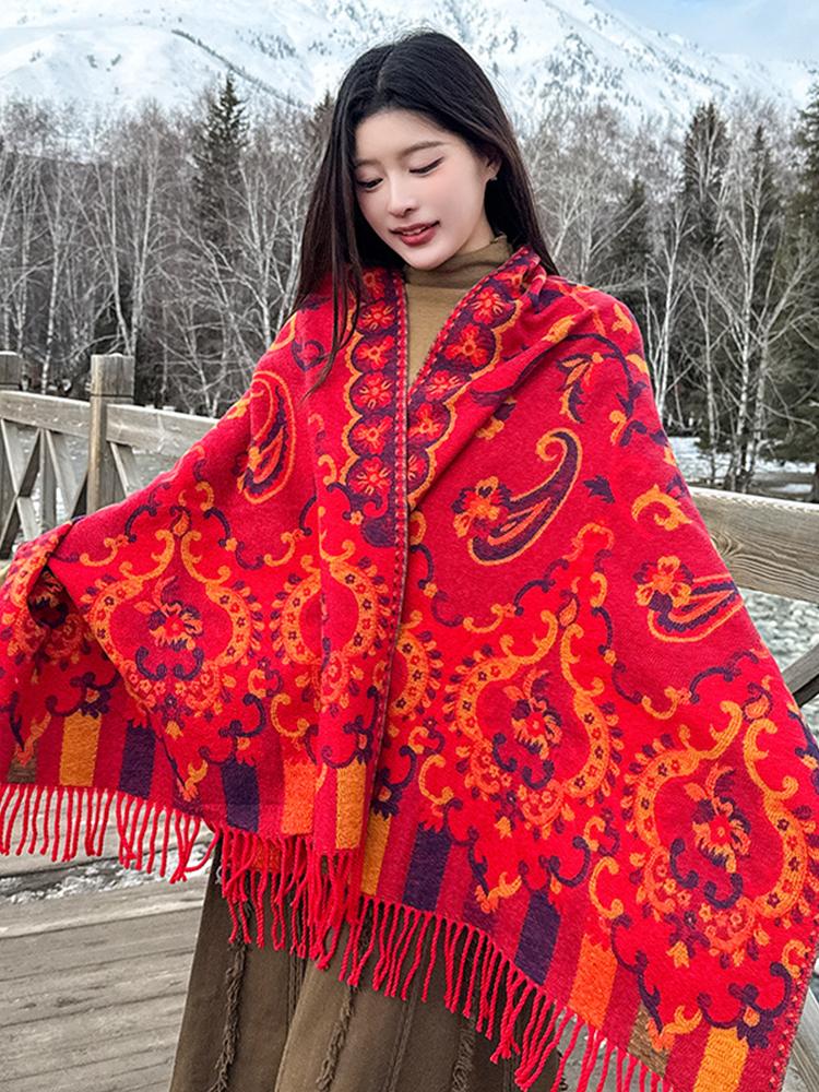 Winter Scarf Women Ladies Layers Poncho Elegant Red Floral Tassel Wrap Shawl Casual Warm Scarve Capa Para Pashmina Cloak Vintage