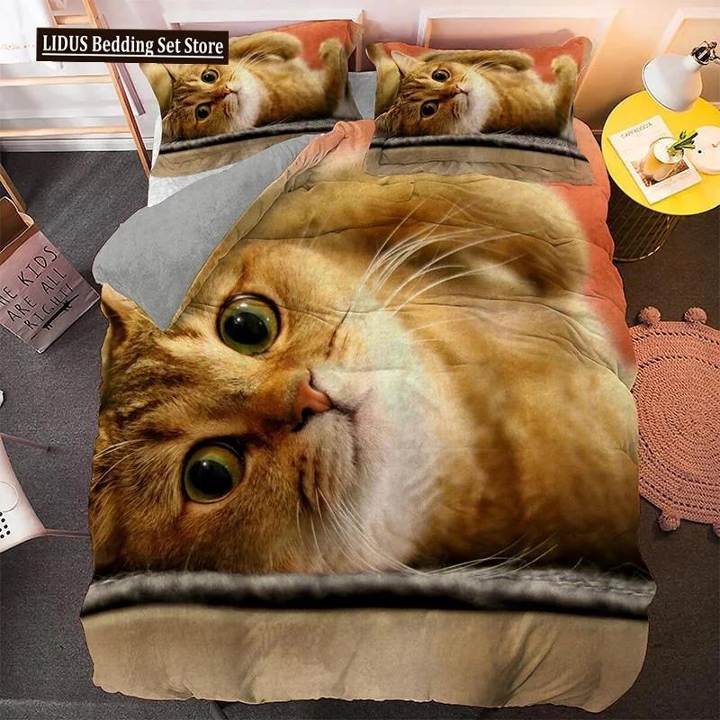 Härligt Sällskapsdjur Katt Sängklädesset Djurtryckta Överdrag Enkelt Dubbelt King Queen Storlek Påslakan Kitty Mönster Polyester Quiltöverdrag
