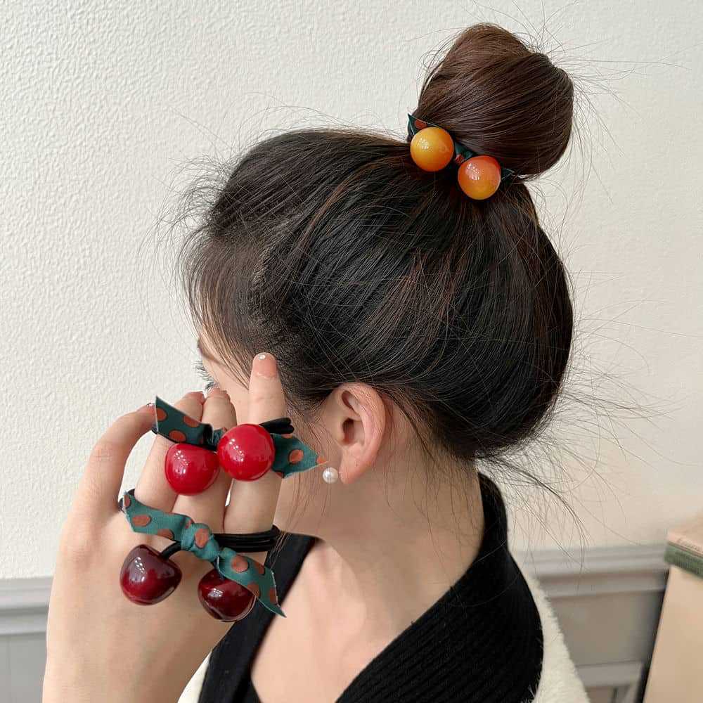 2PC European and American Lovely Cherry Elasticity Hair Ties for Women Girls Ponytail Holder Korean Hair Accessories