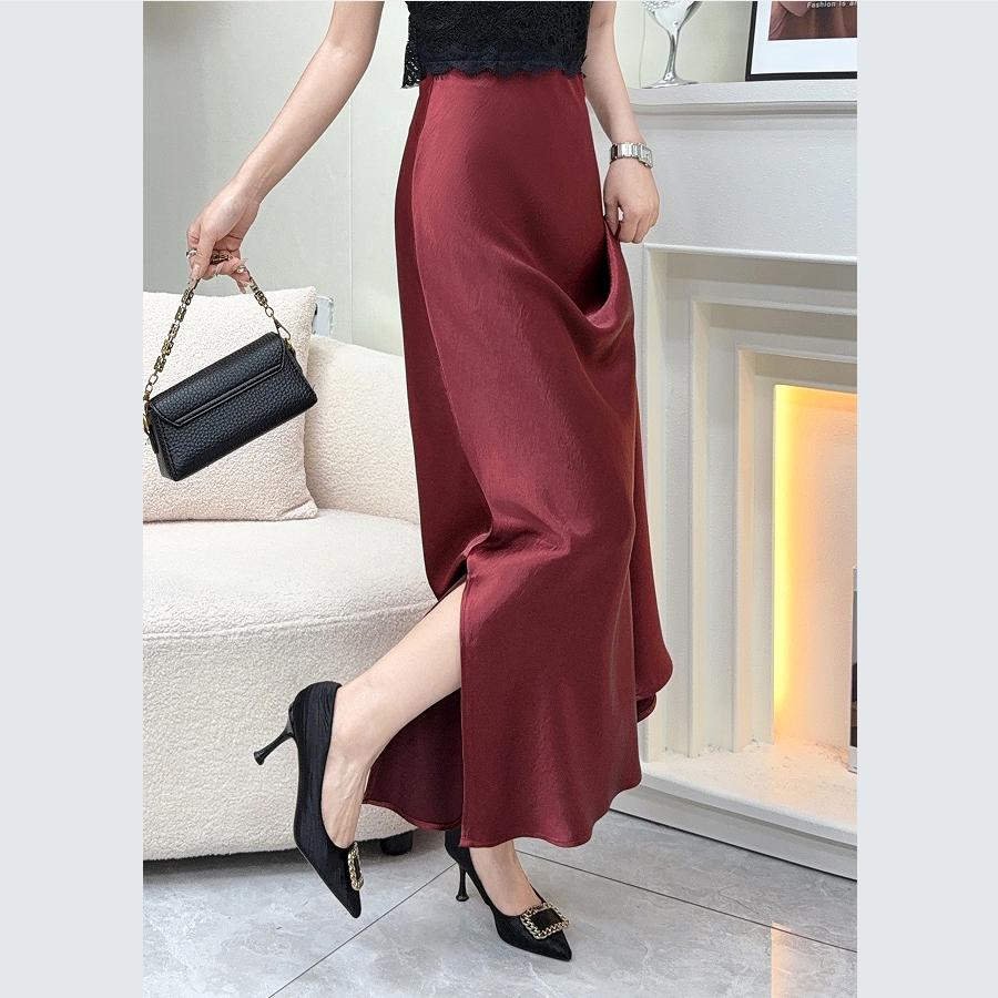 

Elegant Pearl Luster Satin Mermaid High Waist Long Skirt Fashion Slimming S винний