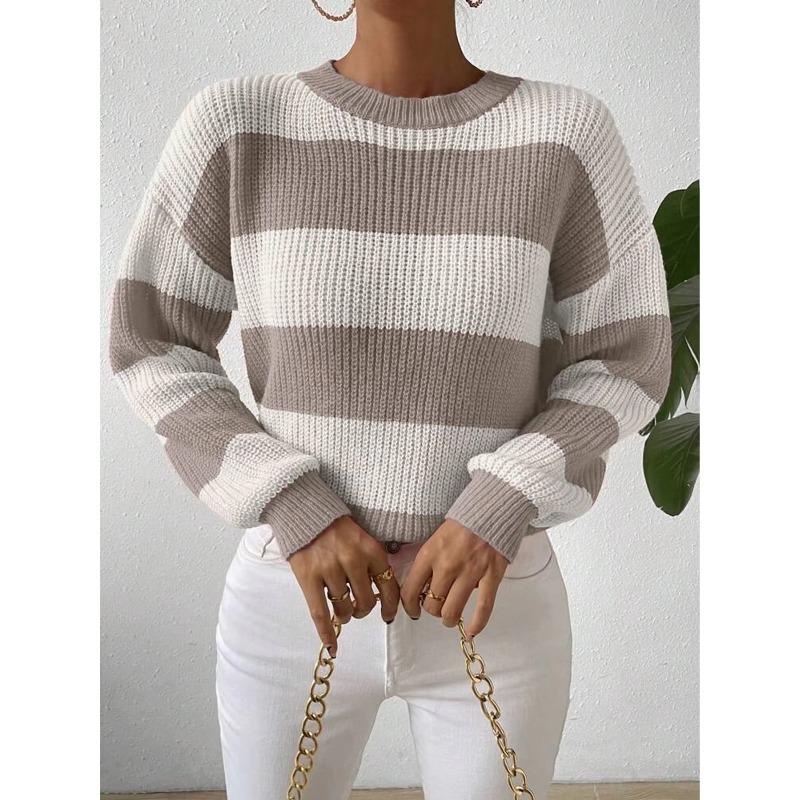 Women's Contrasting Striped Round Neck Pullover Knitted Sweater