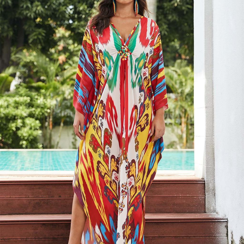 YYFS Damenmode Urlaub Sommer Frühling Blumenmuster Druck Langarm V-Ausschnitt Freizeitkleider