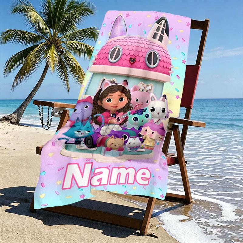 Custom Name Personalized Gabby's Dollhouse Print Beach Towel, for Trip Camping Beach Party Home Decor, Birthday Gift for Family & Friends