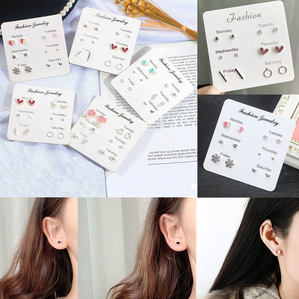 

6pair/set Fashion Crystal Personality Heart Ear Stud Leaf/Bowknot Jewelry Set One Week Earring Set