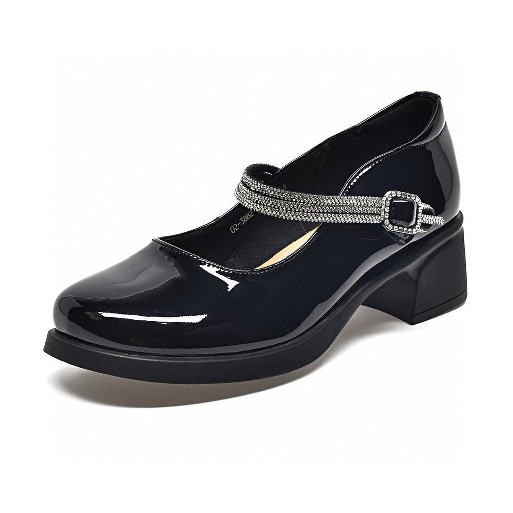 Round head one-word buckle small leather shoes women's 2025 British college style thick heel rhinestone Mary Jane shoes cowhide women's high heels