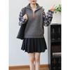 Autumn new splicing plaid shirt fake two-piece sweater pullover design semi-zipper knitted sweater top women