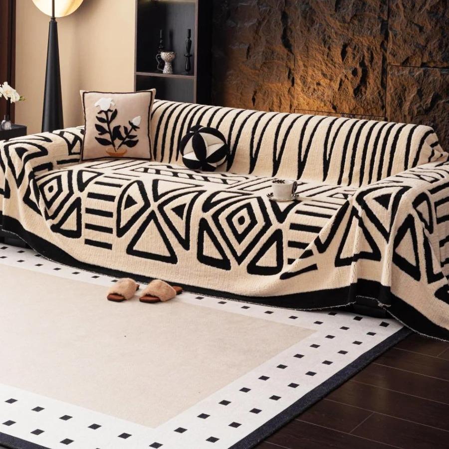 1pc Bohemian Jacquard Warm Tuffed Fleece Sofa Towel, Boho Style Soft Leiusre Thick Blanket for Living Room Couch Sofa Cover