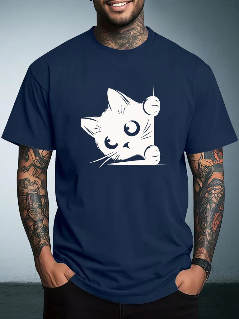 Unisex Summer Casual Short Sleeve T Shirt Cute Peeking Black Cat Cartoon Graphic Oversized Loose Daily Street Fashion Tees Tops