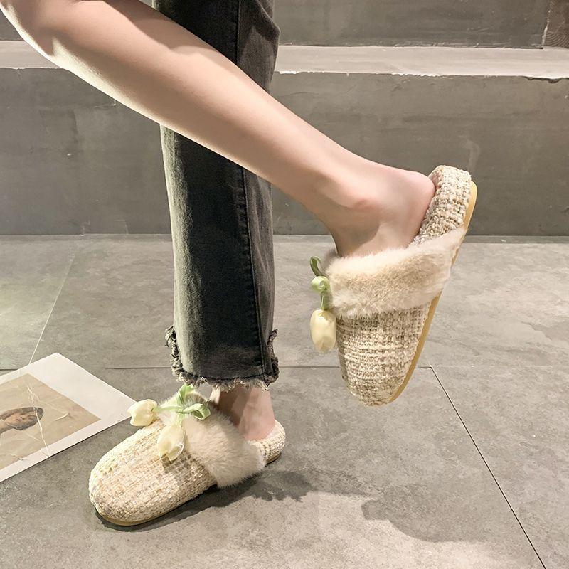 Flower bag head fluffy slippers women wear cute warm bag head cotton slippers women