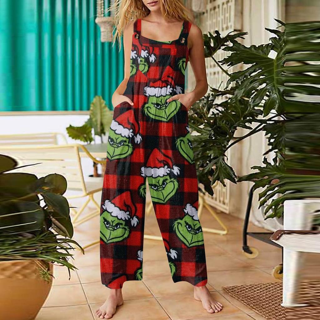 Women's Fashion Christmas  Print Casual Retro Sleeveless Button Jumpsuit
