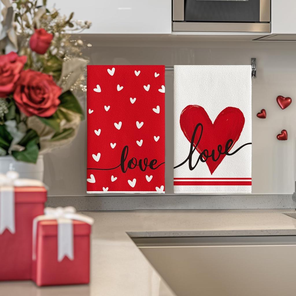 Artoid Mode Red Heart Love Kitchen Towels Dish Towels, 18x26 Inch Anniversary Wedding Farmhouse Decoration Hand Towels Set of 2