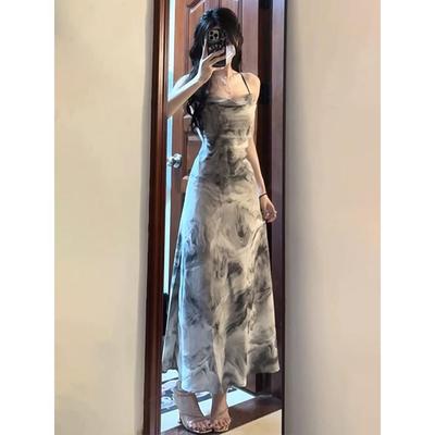 Ink Painting Backless Suspender Dress Women's Summer Chic and Beautiful Hip-hugging Long Skirt