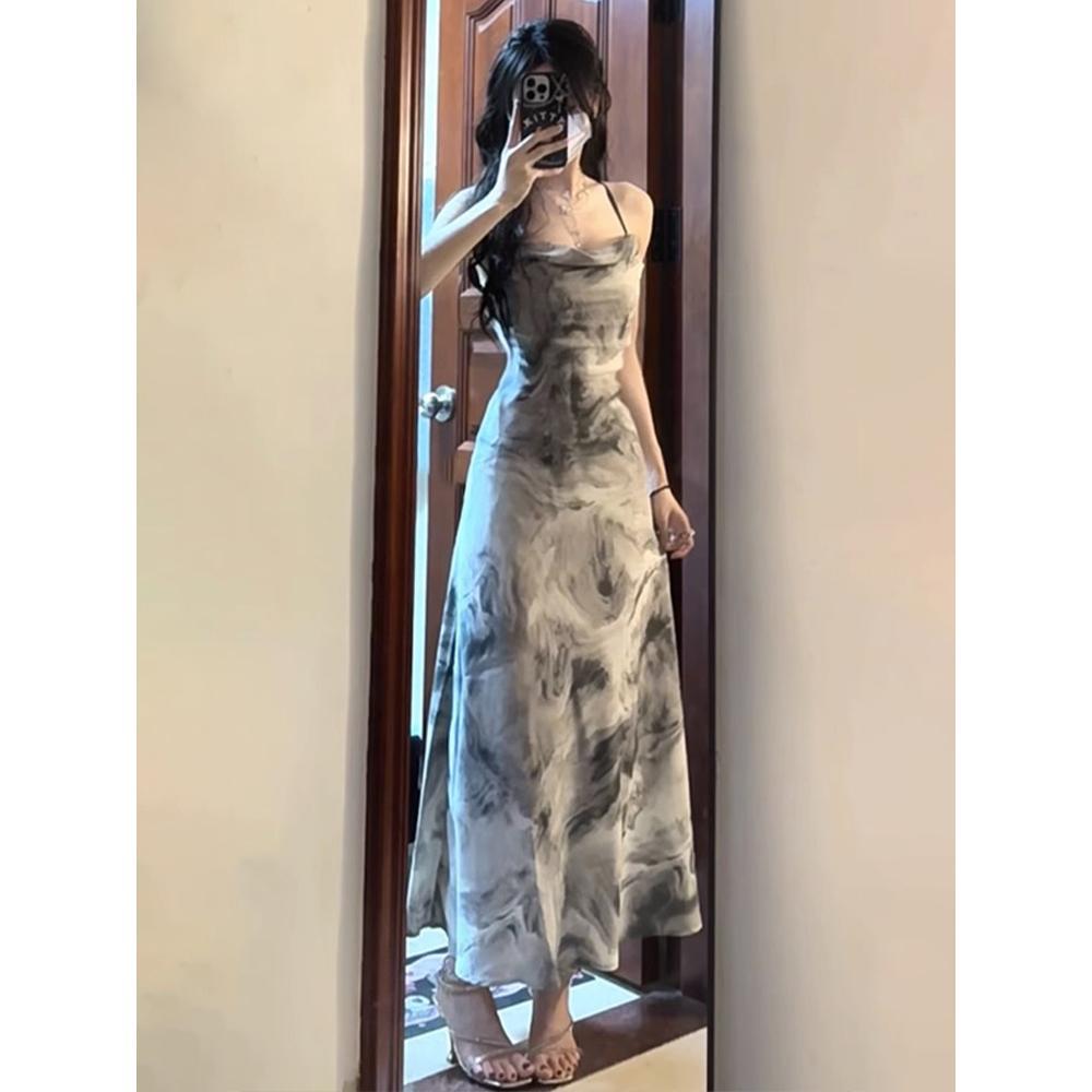 

Платье-сарафан без спинки с рисунком тушью, женское летнее шикарное и красивое, облегающая бедра длинная юбка XL- (recommended 110-60kg)